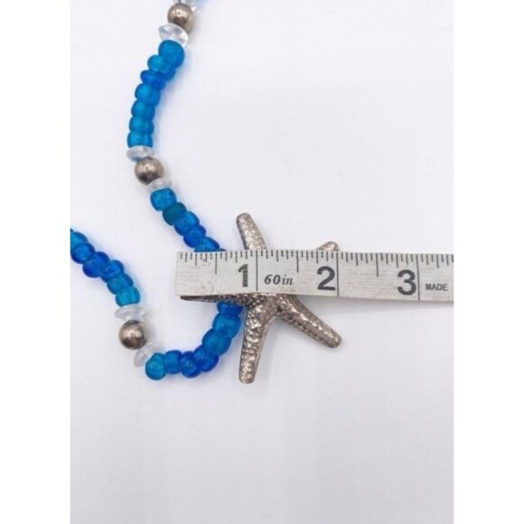 Silver Starfish Pendant Necklace Blue Glass Bead Coastal Nautical Statement - Picture 6 of 13